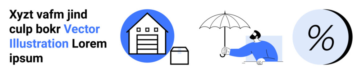 Warehouse with package, person holding umbrella, percentage symbol. Ideal for logistics, e-commerce, weather forecasts, financial services, insurance, marketing, and educational materials. Landing