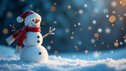 Young happy snowman in snowfall 