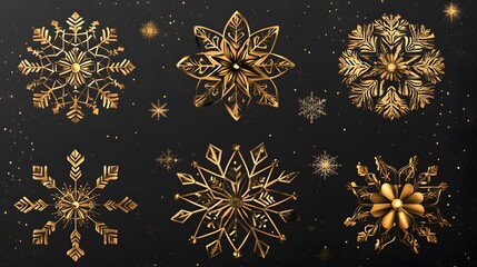 Set of gold snowflakes isolated on transparent background