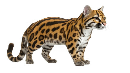 Obraz premium A young ocelot stands on a black background, facing to the right, with its head turned slightly to the left. It has a spotted coat and is looking at the viewer with its large, round eyes.