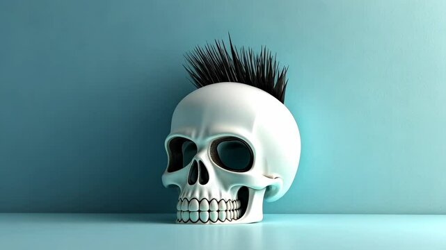 A white skull with a black mohawk sits on a blue surface