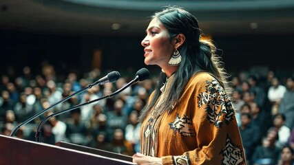 Native American woman stands confidently on podium Overcoming the fear of public speaking in front of a large audience