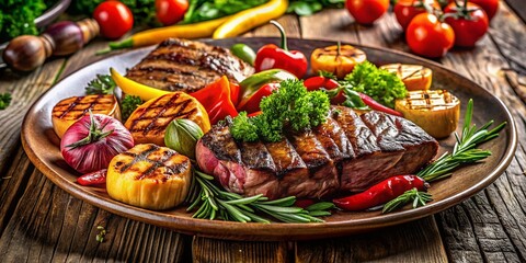 Fototapeta premium Mouthwatering Grilled Meat with Colorful Vegetables on a Rustic Wooden Table, Perfectly Cooked for a Summer BBQ Feast with a Focus on Texture and Juiciness