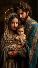 The painting depicts Mary, Joseph and the baby Jesus in a peaceful and holy scene, with Mary cradling Jesus in her arms and Joseph standing protectively by their side.AI generative. © Dar1930