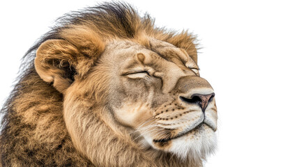 Fototapeta premium Full-grown Male Lion With Closed Eyes Against a Transparent Background Generative AI
