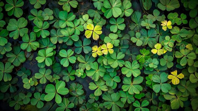 A close-up view of four-leaf clovers growing in a lush, green field