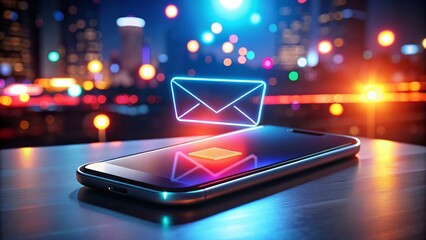 Night Photography of a Mobile Smartphone Displaying a Text Message with an Animated Envelope Icon, Illuminated in a Dark Environment for Dynamic Digital Communication Visuals