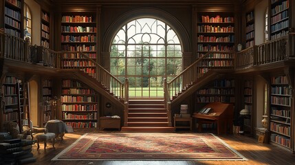 Obraz premium A grand library with a large arched window, wooden bookshelves filled with books, a rug on the floor, a piano, a chair, and a staircase leading up to the second floor.