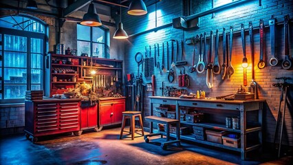 Fototapeta premium Night Photography of Auto Mechanic Tools in a Dimly Lit Repair Shop Featuring Essential Equipment for Vehicle Maintenance and Repair with a Focus on Wrenches, Jacks, and Diagnostic Tools