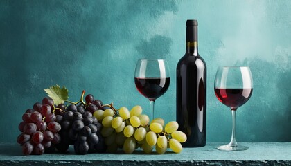 Obraz premium Elegant display of red wine and grapes with two glasses against a turquoise background