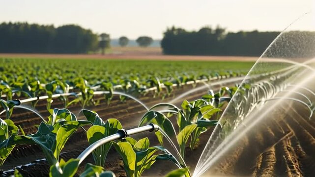 A close-up of a water irrigation system spraying crops. This shows sustainable watering practices and modern farming.