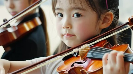 Japanese children learn to play the violin in music lessons. Focused and eager to improve