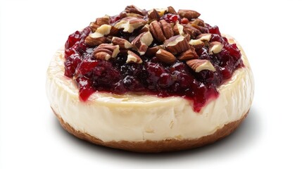 A Christmas baked brie, topped with cranberry compote and nuts, gourmet appetizer, isolated on white background