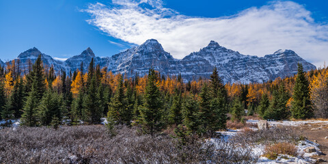 Colorful Fall Larch Valley Banff National Park Ten Peaks Panorama