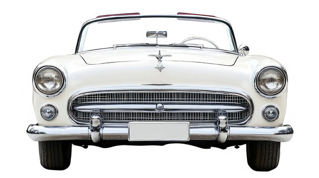 White classic convertible car with chrome accents and a red interior.