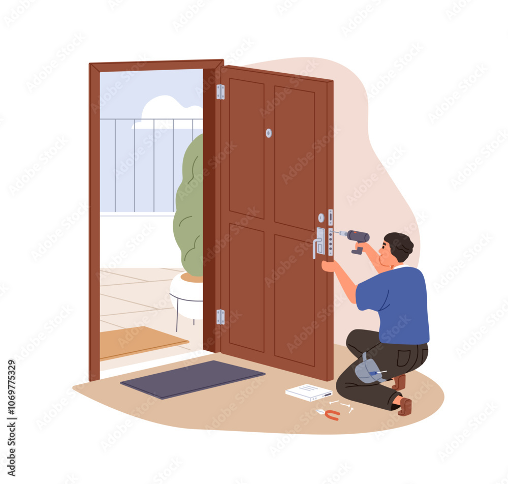 Poster locksmith repairing broken door, installing, changing. new lock installation. professional handyman 
