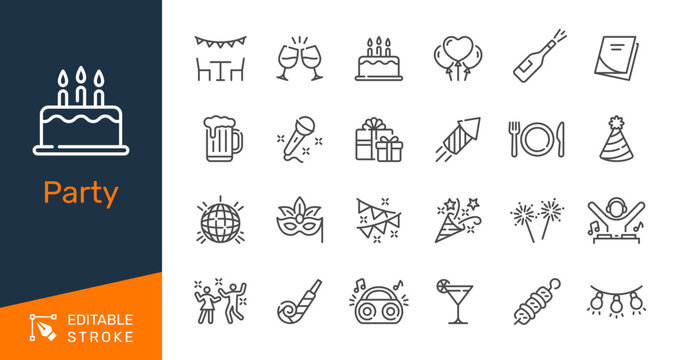 Party thin line icons. Editable stroke. Pixel perfect.