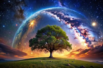 Obraz premium Panoramic View of a Majestic Tree Growing on a Vibrant Planet Earth Surrounded by a Celestial Background with Stars and Cosmic Elements