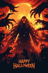 Scary Halloween Monster With Glowing Eyes and Full Moon