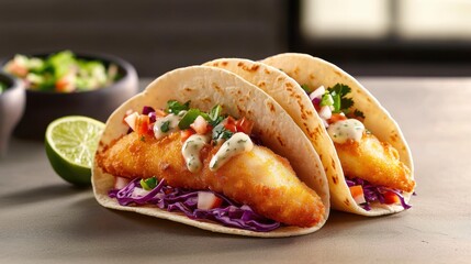 Savor the crunchy baja fish tacos with fresh slaw and lime