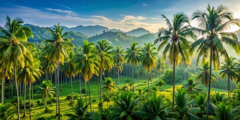 Obraz premium Panoramic View of Lush Betel Nut Palm Trees in a Tropical Landscape, Showcasing the Greenery and Cultural Significance of Betel Nut Harvesting in Southeast Asia