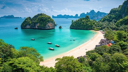 Naklejka premium Tropical Island Beach Paradise with Turquoise Water and Lush Greenery