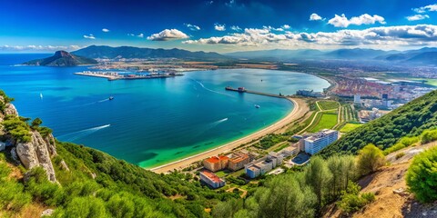 Naklejka premium Panoramic View of the Bay of Algeciras Showcasing Vibrant Waters, Scenic Coastline, and Surrounding Mountains for Stunning Product Photography