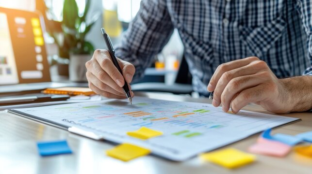 Digital marketer organizes social media posting schedule in a clean workspace