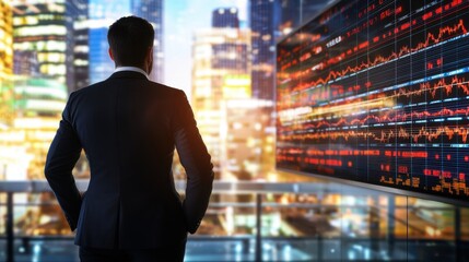 Fototapeta premium Cfo analyzes investment portfolio on digital screen panoramic