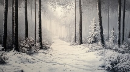A snowy forest with a path through it