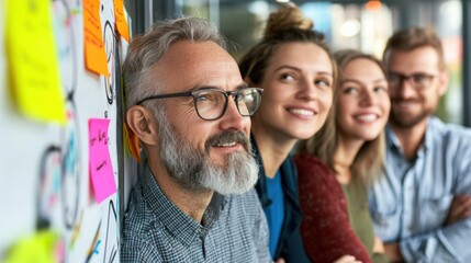 Marketing team strategically plans brand campaign on whiteboard