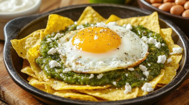 Indulge in chilaquiles verdes crispy tortilla chips topped with green sauce