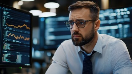 Fototapeta premium Cpa analyzes financial data using dual monitors in modern office