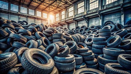 Obraz premium Piles of Car Tires in a Factory Storage Area Highlighting Industrial Waste Management and Recycling Practices in Synthetic Rubber Production