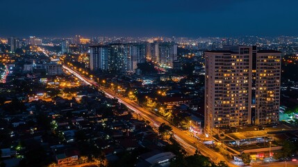 Fototapeta premium Nighttime Cityscape with Illuminated Buildings and Street Lights