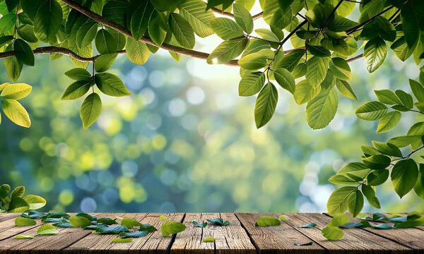 Spring background with green leaves and wooden table top, nature bokeh background for product display presentation design template.,


