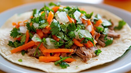 Indulge in flavorful smoked pork tacos topped with fresh veggies