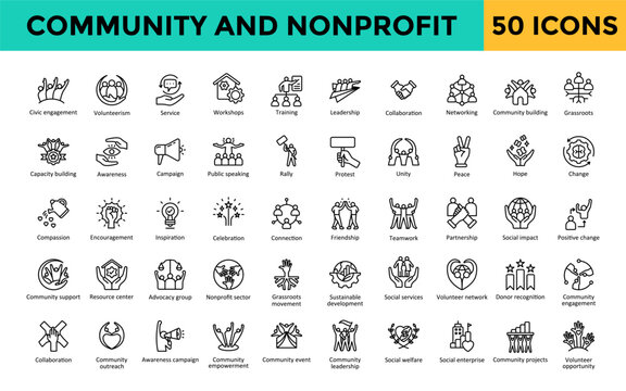 Community and Nonprofit icons set with civic engagement, volunteerism, service, workshops, training, leadership, collaboration, networking, community building, grassroots  icon. Simple line vector 
