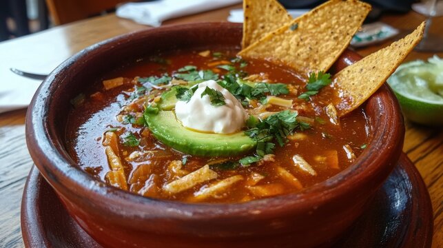 Savor the rich flavors of sopa azteca with crispy tortillas