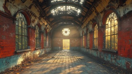 Fototapeta premium Sunlight streams through the broken roof of an abandoned building, illuminating the dusty interior.