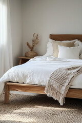 A wooden bed frame with white linen bedding and a woven throw blanket at the foot