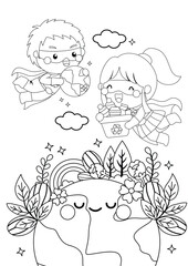 a vector of a coloring page with earth, recycling, and superhero as the theme