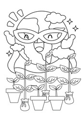 a vector of a coloring page with earth, recycling, and superhero as the theme