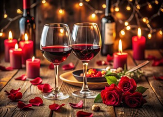 Fototapeta premium Romantic Valentine’s Day Dinner Setting: Two Glasses of Red Wine, Candles, and Rose Petals on a Wooden Table for a Love-Filled Evening