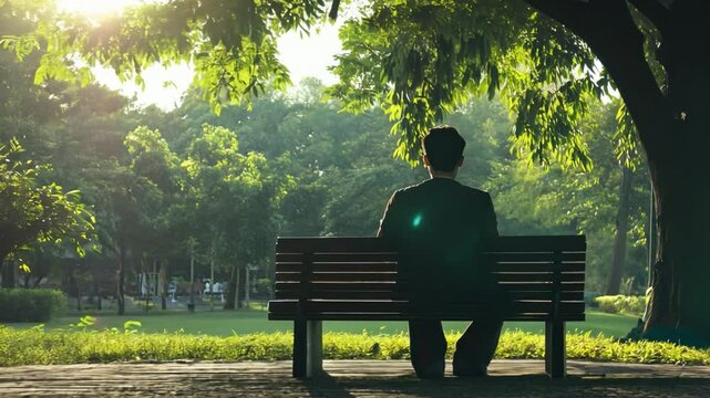A man sits on a park bench in a park