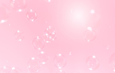 Beautiful Transparent Soap Bubbles Floating on Pink Background. Abstract Background. Celebration Festive Backdrop. Freshness Soap Suds Bubbles Water.	