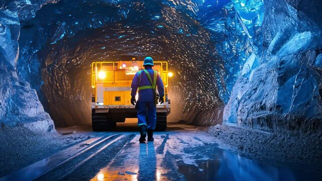 A man in a blue suit is walking through a tunnel
