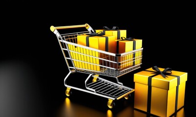 A shopping cart filled with beautifully wrapped yellow gift boxes against a sleek black background
