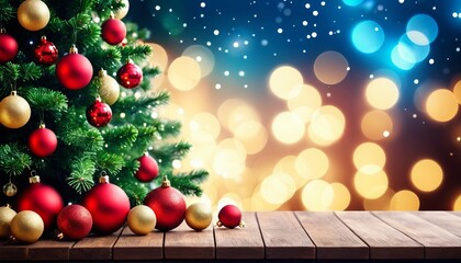 Festive christmas tree with colorful ornaments and glowing bokeh lights