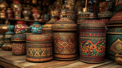 Colorful Decorative Jars in Artisan Market Setting